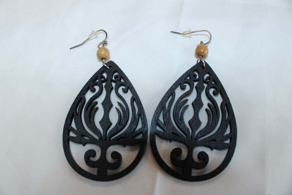Black Laser-Cut Wooden Teardrop Filigree Dangle Earrings